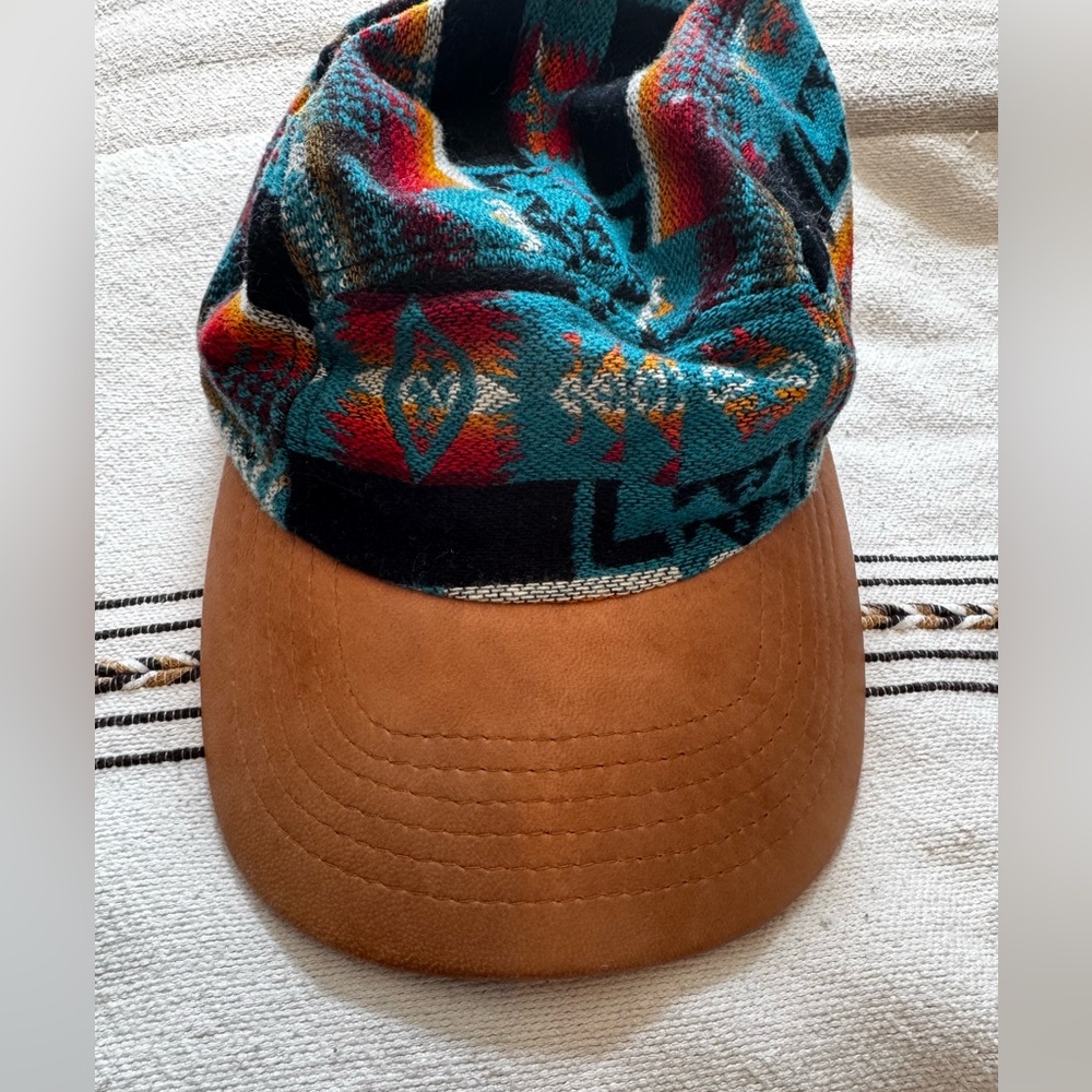 Pendleton Teal Patterned Wool Knit Cap with Brown Leather Brim- Like New - Picture 2 of 6